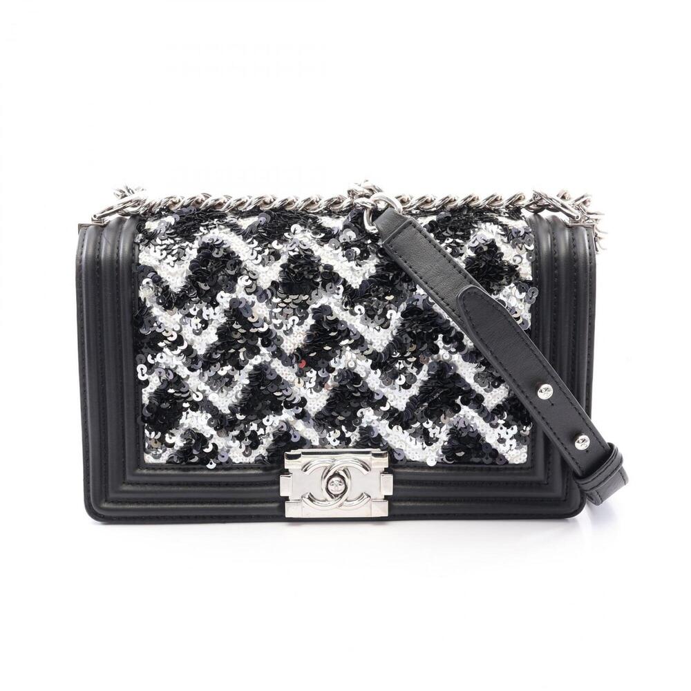 Chanel Boy Sequin Shoulder Bag/Handbag, Lambskin Leather, Women's, Black/Whit...